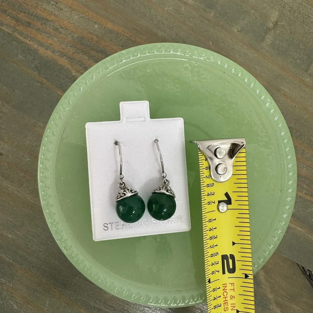BBJ‎ Natural Green Jade Ball Gemstone 925 Sterling Silver Drop Earrings Filigree
